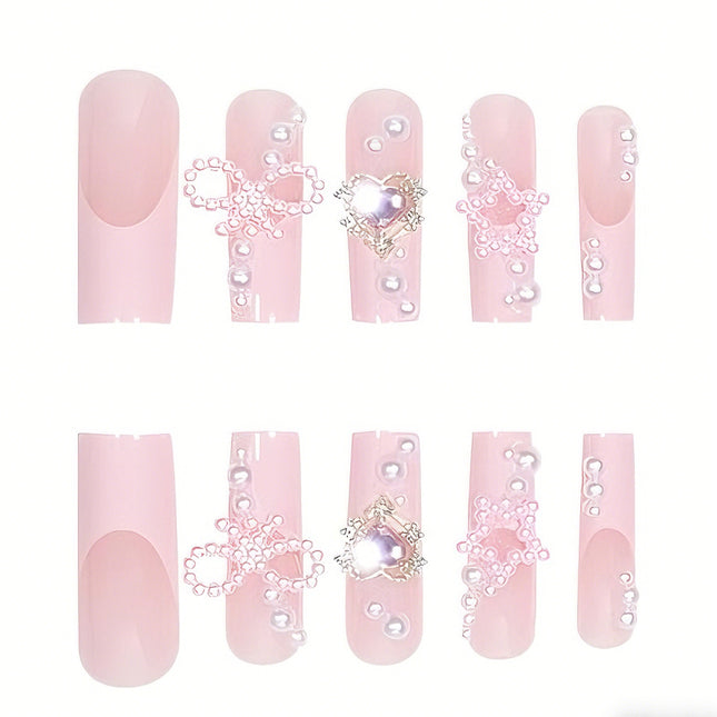 24 PCS Bowbowknot Nail Art, Long Length Long Water Pipe Fake Nails,Square Head Nail Tips False Nail
