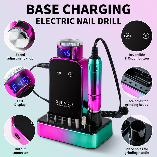 Professional Electric Nail Drill, 45000 RPM Cordless Rechargeable E-File Machine, With 12 Bits, Sanding Bands, LCD Display For Acrylic Gel Nails