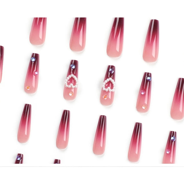 24 PCS Red Heart Nail Art, Long Length Long Water Pipe Fake Nails,Square Head Nail Tips False Nail