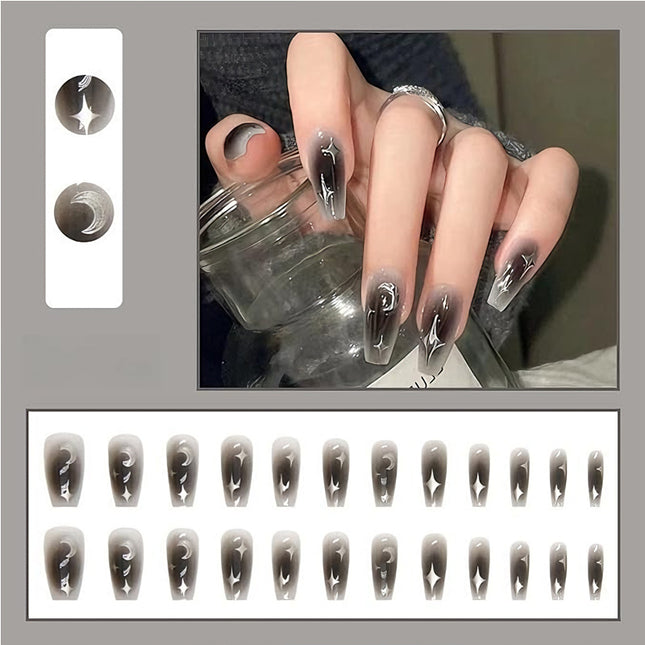 24 PCS Black Silver Star Nail Art, Long Length Long Water Pipe Fake Nails,Square Head Nail Tips False Nail
