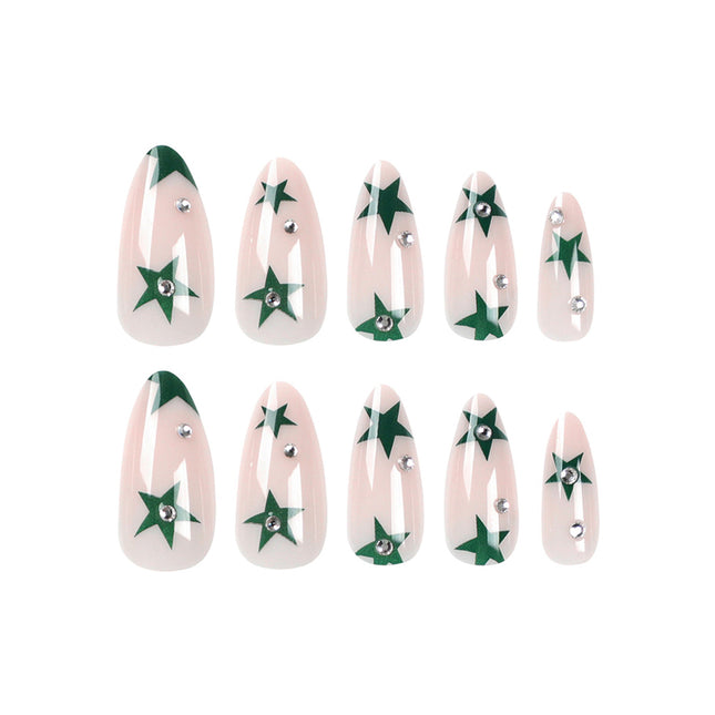 24 PCS Green Star Nail Art, Length Long Water Pipe Fake Nails, Had Nail Tips False Nail