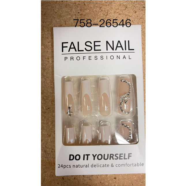 24 PCS White Flower Diamond Butterfly Nail Art, Long Length Long Water Pipe Fake Nails,Square Head Nail Tips False Nail