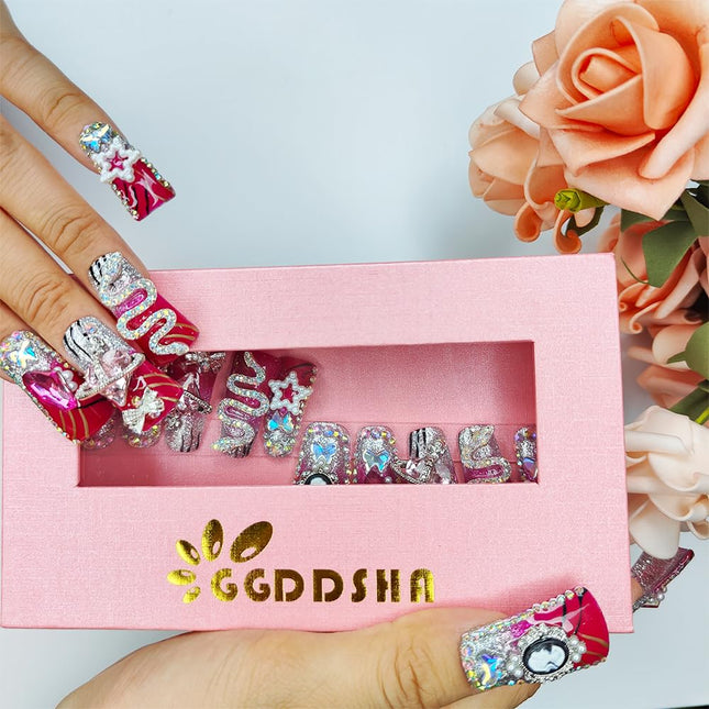 GGddsha Vermilion Duck Nails Medium Square Fake Nailswith Stars Butterflies Snake Designs Handmade Pmmaacrylic Glossy Reusable Fake NailsScarlet Serpent Eclat