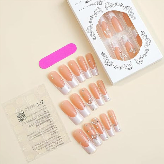 24 PCS Diamond Butterfly Nail Art, Long Length Long Water Pipe Fake Nails,Square Head Nail Tips False Nail