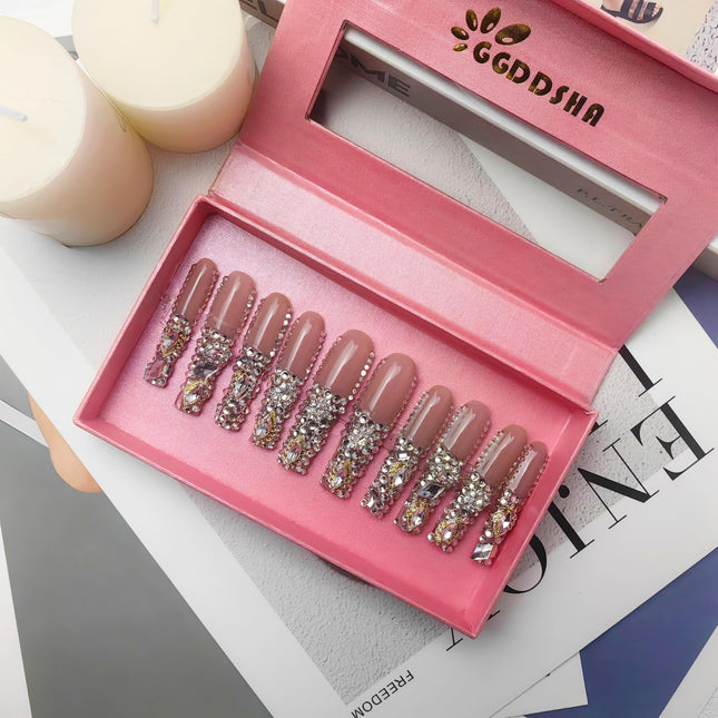 GGddsha New PMMA Acrylic Press On Nails StunningBling Nails, Rhinestone Fake Nails, Glitter Rhinestone NailsGradient Fake NailsCrystal Cascade