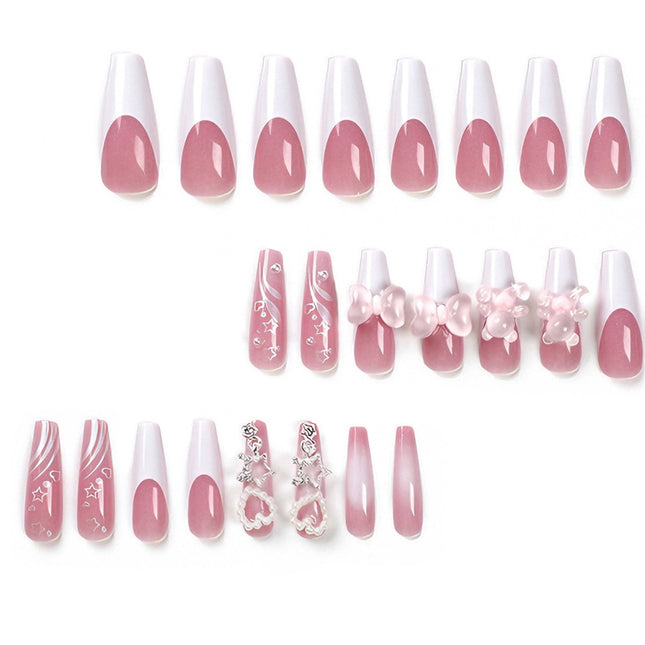 24 PCS Bear Bowbowknot Nail Art, Long Length Long Water Pipe Fake Nails,Square Head Nail Tips False Nail