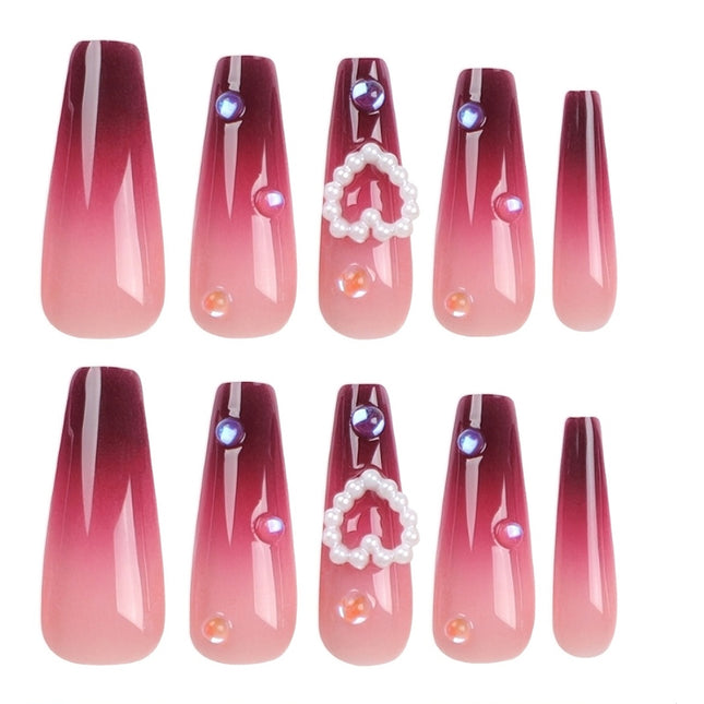 24 PCS Red Heart Nail Art, Long Length Long Water Pipe Fake Nails,Square Head Nail Tips False Nail