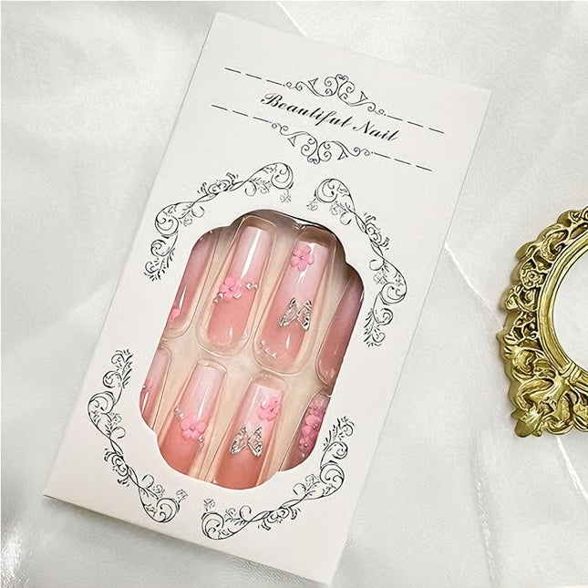 24 PCS Flower Diamond Butterfly Nail Art, Long Length Long Water Pipe Fake Nails,Square Head Nail Tips False Nail
