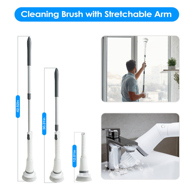 1Set Electric Spin Scrubber Cordless Rechargeable Telescopic Cleaning Brush 6 Replaceable Heads 2 Speed Adjustable Extension Arm Bathroom Tub Tile Floor