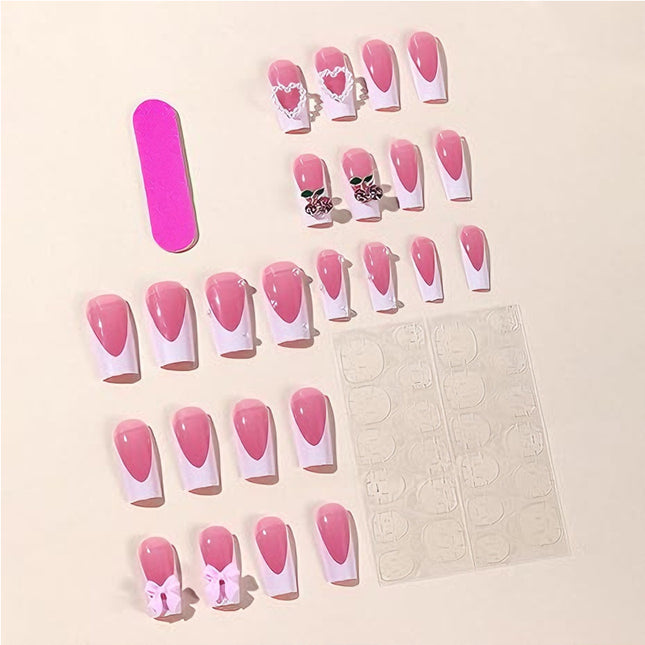 24 PCS Cherry Bow Nail Art, Long Length Long Water Pipe Fake Nails,Square Head Nail Tips False Nail