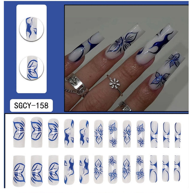24 PCS Blue Butterfly Art, Long Length Long Water Pipe Fake Nails,Square Head Nail Tips False Nail