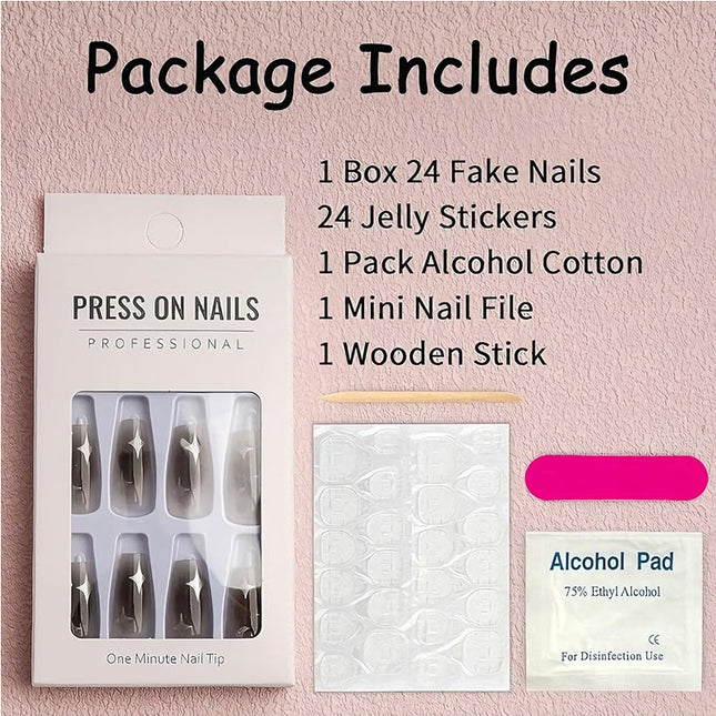 24 PCS Black Silver Star Nail Art, Long Length Long Water Pipe Fake Nails,Square Head Nail Tips False Nail