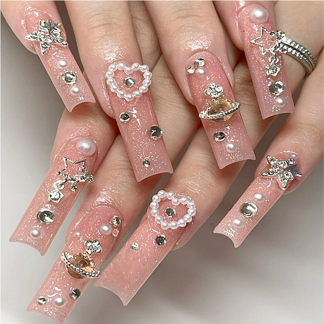 24 PCS Planet Diamond Star Nail Art, Long Length Long Water Pipe Fake Nails,Square Head Nail Tips False Nail