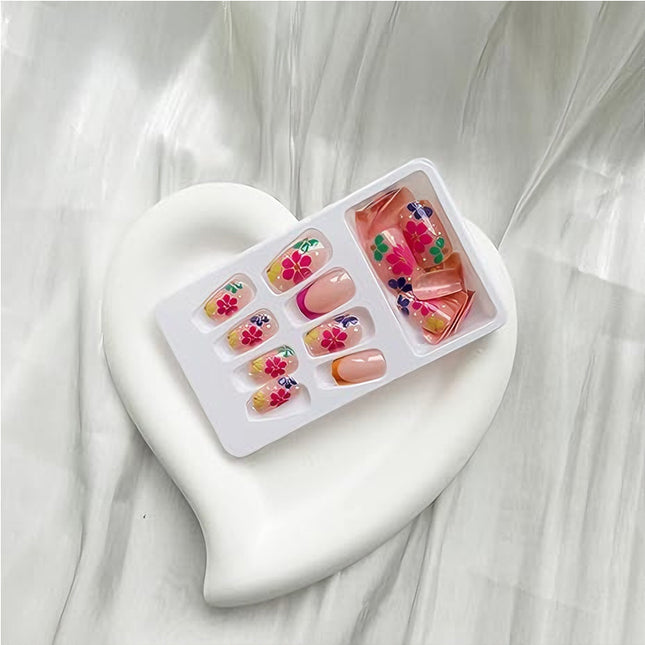 24 PCS Press On Nails Short Square Fake With Nail Glue French False Flower Designs Acrylic Artificial Full Cover Stick For Women