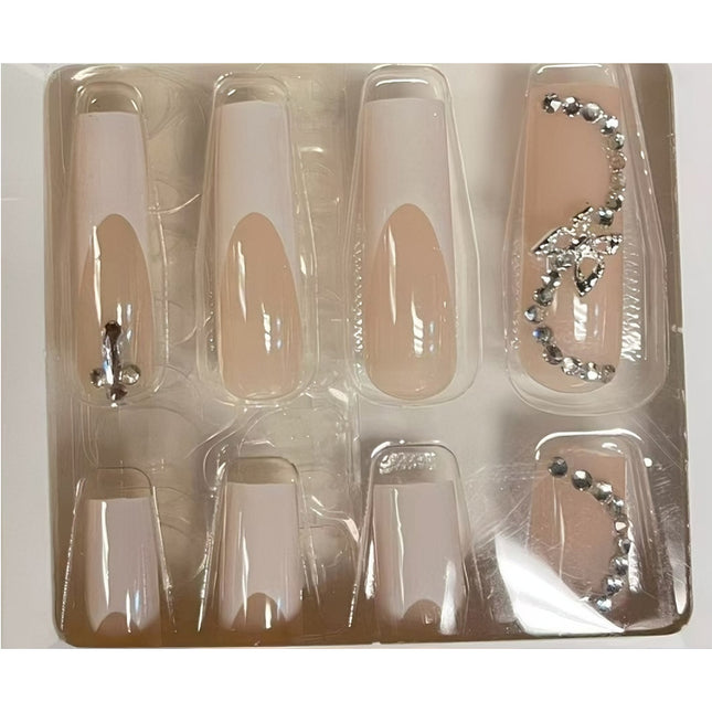 24 PCS White Flower Diamond Butterfly Nail Art, Long Length Long Water Pipe Fake Nails,Square Head Nail Tips False Nail