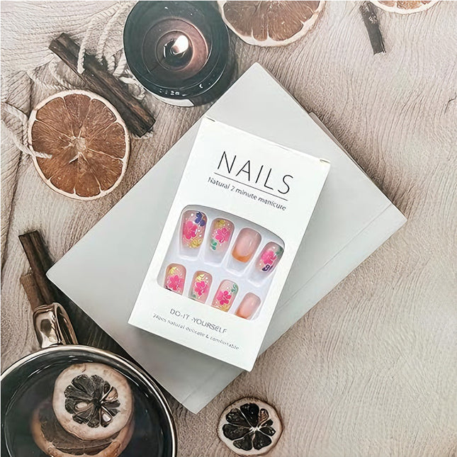 24 PCS Press On Nails Short Square Fake With Nail Glue French False Flower Designs Acrylic Artificial Full Cover Stick For Women