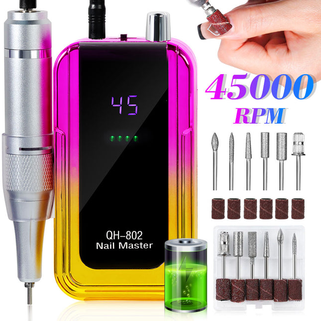 Professional Electric Nail Drill, 45000 RPM Cordless Rechargeable E-File Machine, With 6 Bits, Sanding Bands, LCD Display For Acrylic Gel Nails