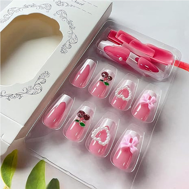 24 PCS Cherry Bow Nail Art, Long Length Long Water Pipe Fake Nails,Square Head Nail Tips False Nail