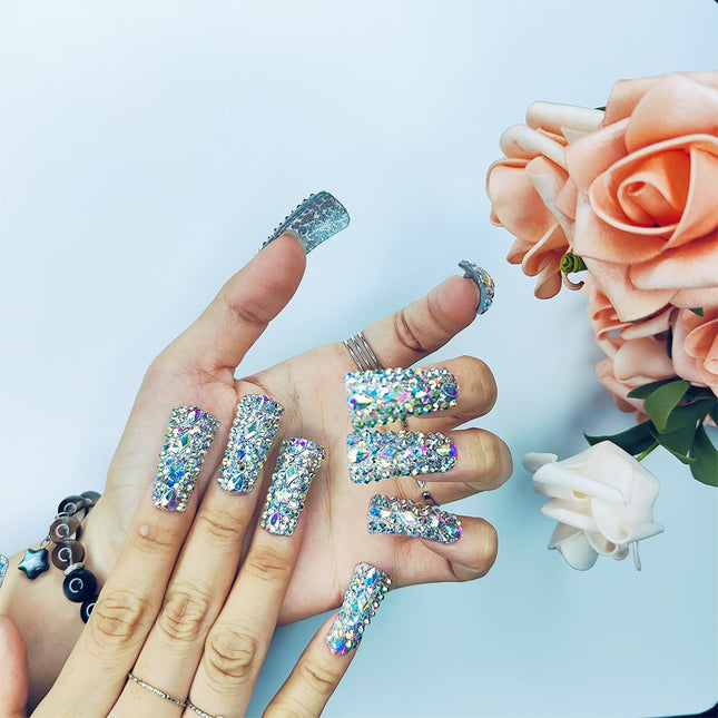 GGddsha Full Diamond Duck Nails Medium Square ReusablePMMA Acrylic Nails Handmade Full Coverage Deluxe 3DCrystal Fake Nail With Box Gift For Women,Aurora Edge