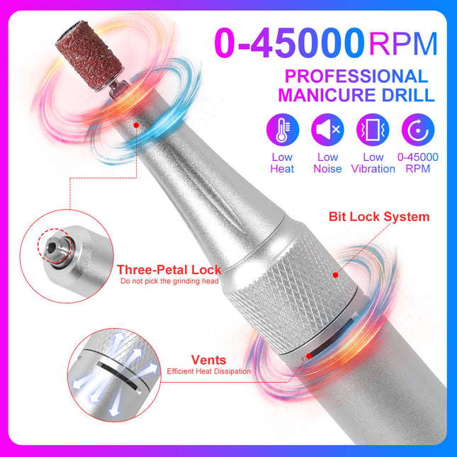 Professional Electric Nail Drill, 45000 RPM Cordless Rechargeable E-File Machine, With 6 Bits, Sanding Bands, LCD Display For Acrylic Gel Nails