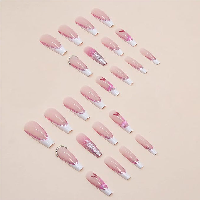 24 PCS Glitter Powder Butterfly Nail Art, Long Length Long Water Pipe Fake Nails,Square Head Nail Tips False Nail
