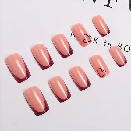 24 PCS Valentine's Day Press On Nails, French Tip Medium Square Wine Red Heart Fake Nails Natural Fit Gel Acrylic Nails, Glue On Nails False Nail Set