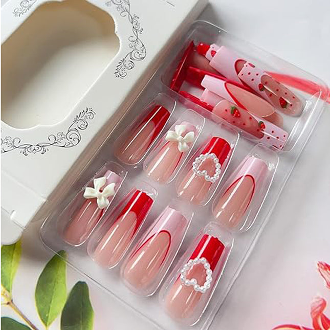 24 PCS Strawberry Bow Nail Art, Long Length Long Water Pipe Fake Nails,Square Head Nail Tips False Nail