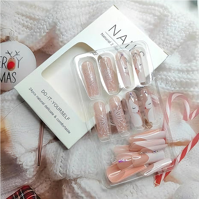 24 PCS Diamond Deer Snowflake Nail Art, Long Length Long Water Pipe Fake Nails,Square Head Nail Tips False Nail
