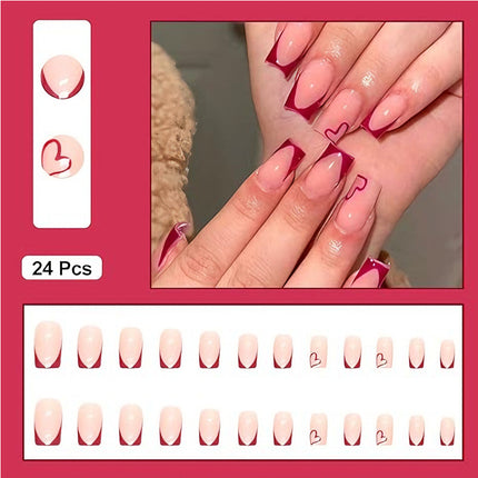 24 PCS Valentine's Day Press On Nails, French Tip Medium Square Wine Red Heart Fake Nails Natural Fit Gel Acrylic Nails, Glue On Nails False Nail Set