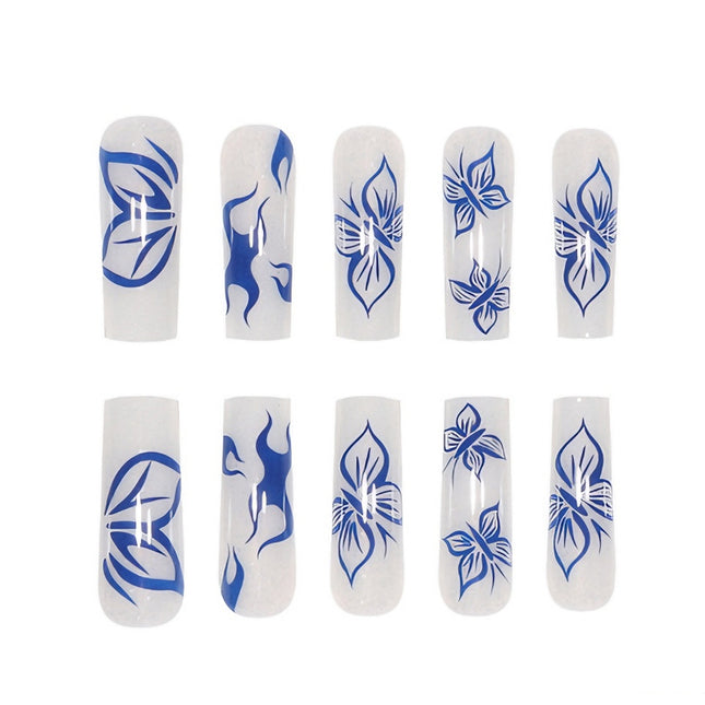 24 PCS Blue Butterfly Art, Long Length Long Water Pipe Fake Nails,Square Head Nail Tips False Nail