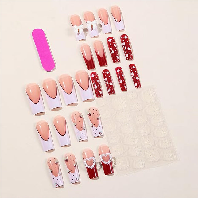 24 PCS Strawberry Bow Nail Art, Long Length Long Water Pipe Fake Nails,Square Head Nail Tips False Nail