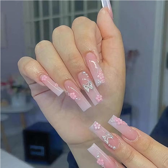 24 PCS Flower Diamond Butterfly Nail Art, Long Length Long Water Pipe Fake Nails,Square Head Nail Tips False Nail
