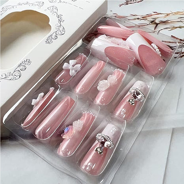 24 PCS Planet Pearl Flower Nail Art, Long Length Long Water Pipe Fake Nails,Square Head Nail Tips False Nail